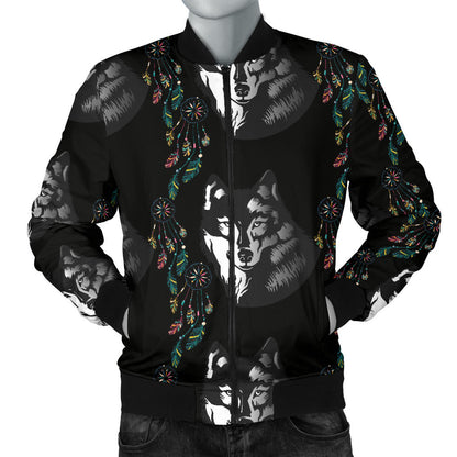 Wolf Black Dream Catcher Design Print Men Bomber Jacket