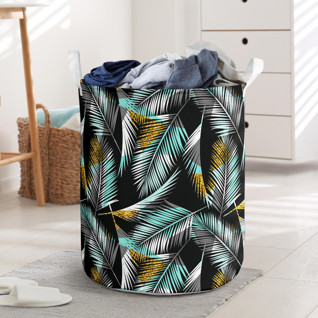 Gold Glitter Cyan Tropical Palm Leaves Laundry Basket
