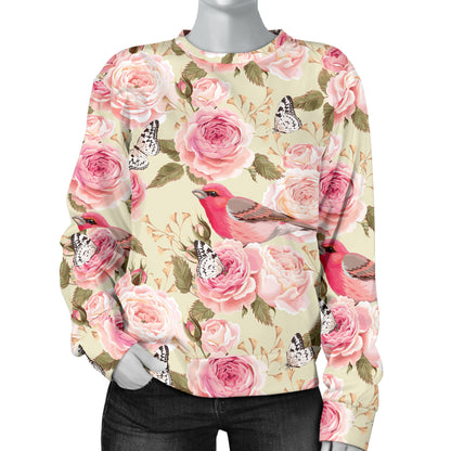 Bird Butterfly Pink Flower Print Pattern Women Long Sleeve Sweatshirt