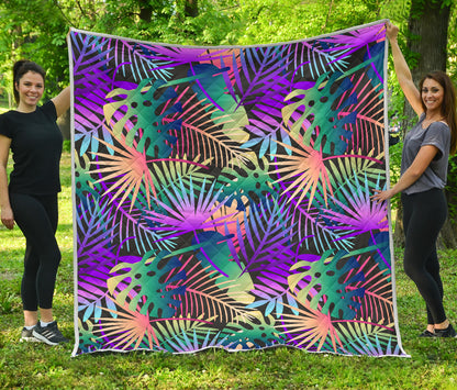 Neon Flower Tropical Palm Leaves Quilt Bedspread