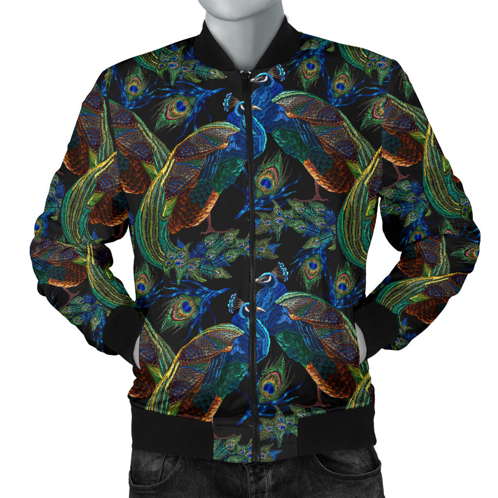 Peacock Themed Design Print Men Bomber Jacket