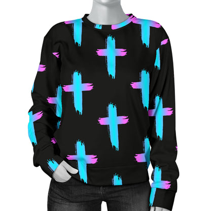 Christian Cross neon Pattern Women Long Sleeve Sweatshirt