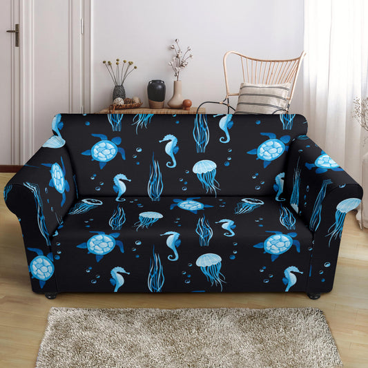Sea Turtle Jelly Fish Sea Horse Print Design LKS3014 Loveseat Couch Slipcover