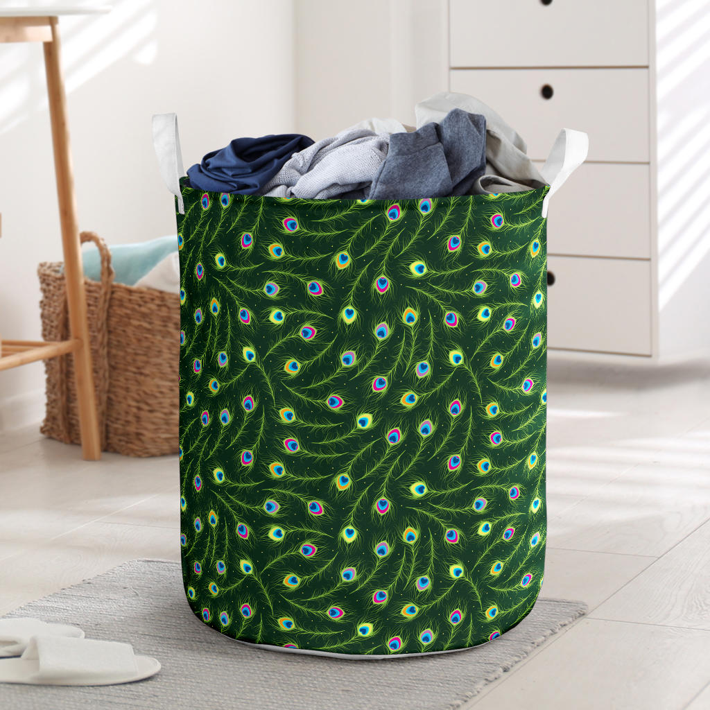 Peacock Feather Green Design Print Laundry Basket
