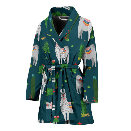 Llama Cactus Pattern Print Design 013 Women Bathrobe