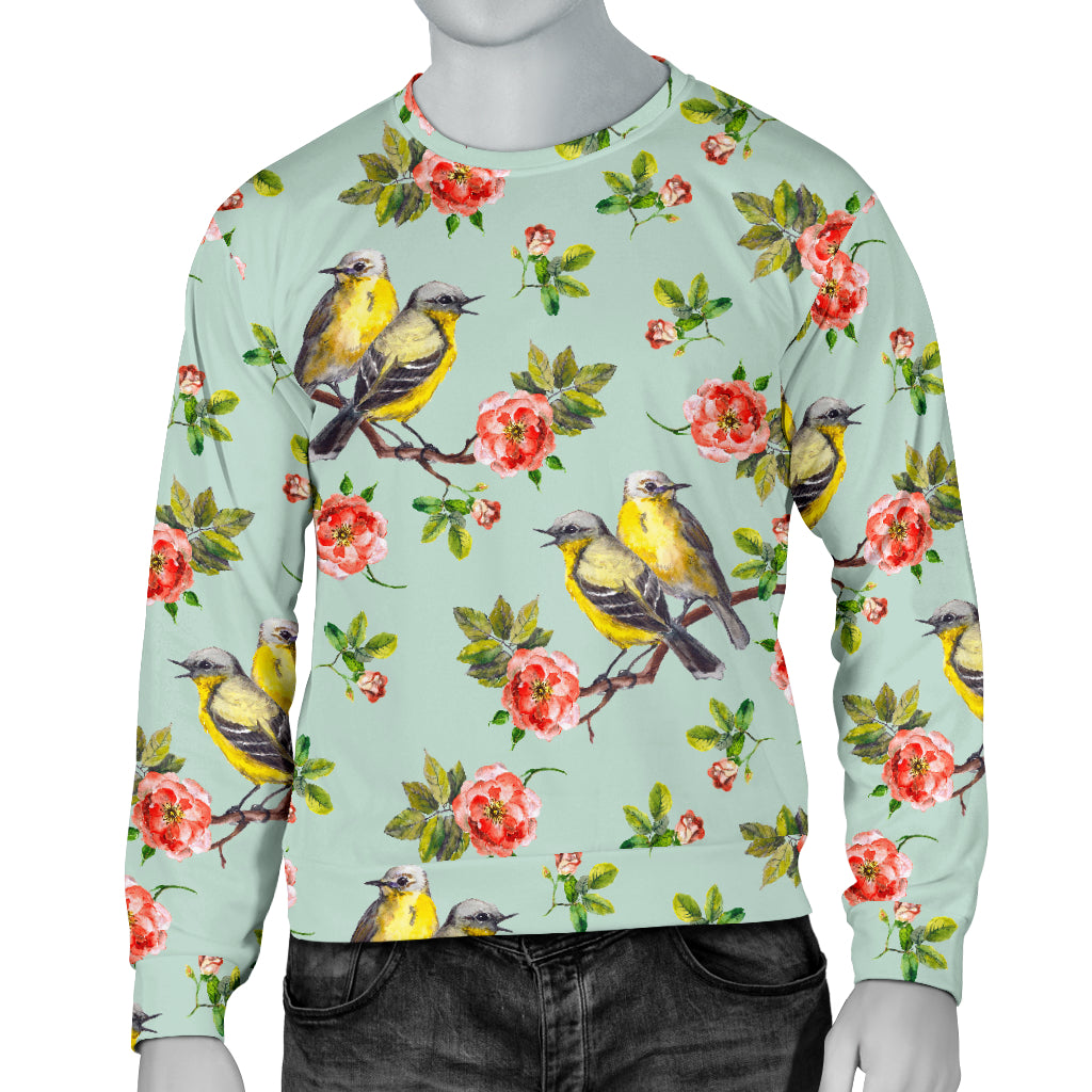 Bird with Red Flower Print Pattern Men Long Sleeve Sweatshirt