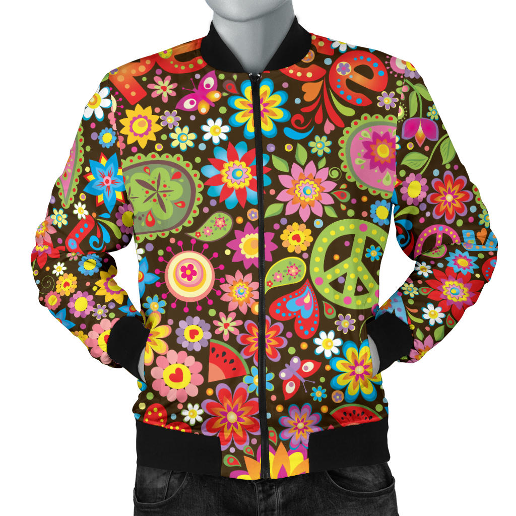 Flower Power Peace Paisley Themed Print Men Bomber Jacket