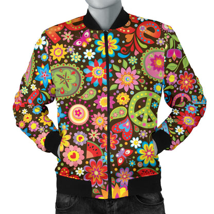 Flower Power Peace Paisley Themed Print Men Bomber Jacket