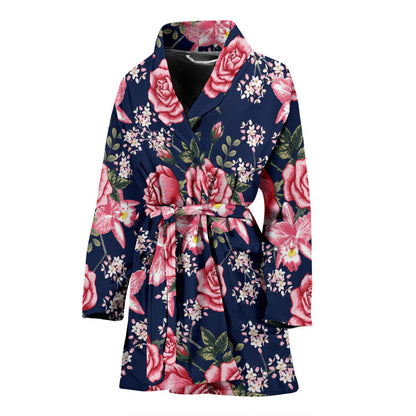Rose Pattern Print Design A05 Women Bathrobe