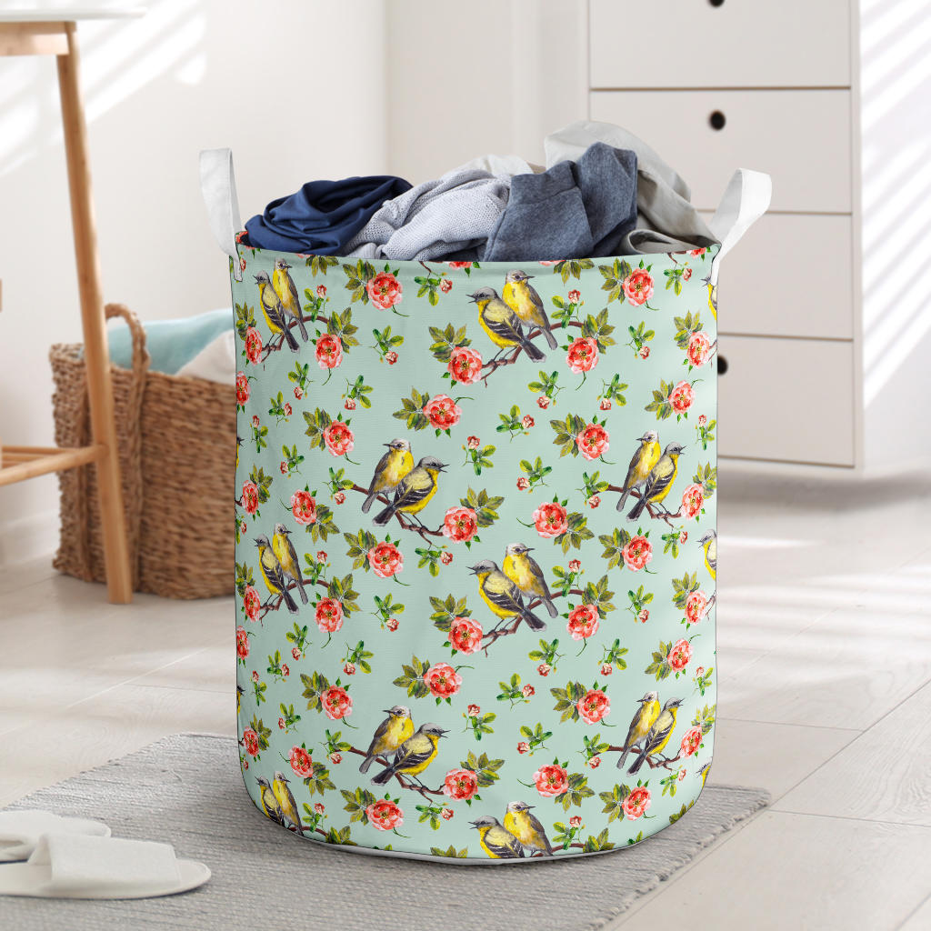 Bird with Red Flower Print Pattern Laundry Basket