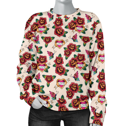 Old School Tattoo Rose Pattern Women Long Sleeve Sweatshirt