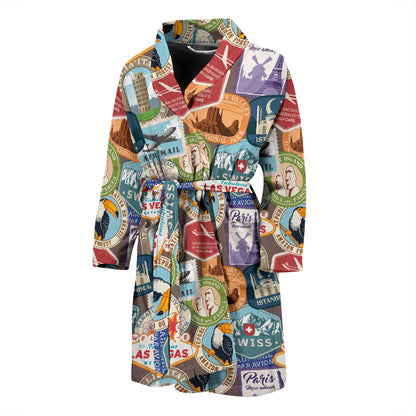 Travel Stamp Print Design LKS301 Men Bathrobe