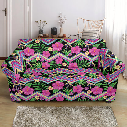 Hibiscus Pink Zigzag Line Pattern Design LKS307 Loveseat Couch Slipcover