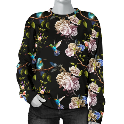 Hummingbird Flower Themed Print Women Long Sleeve Sweatshirt