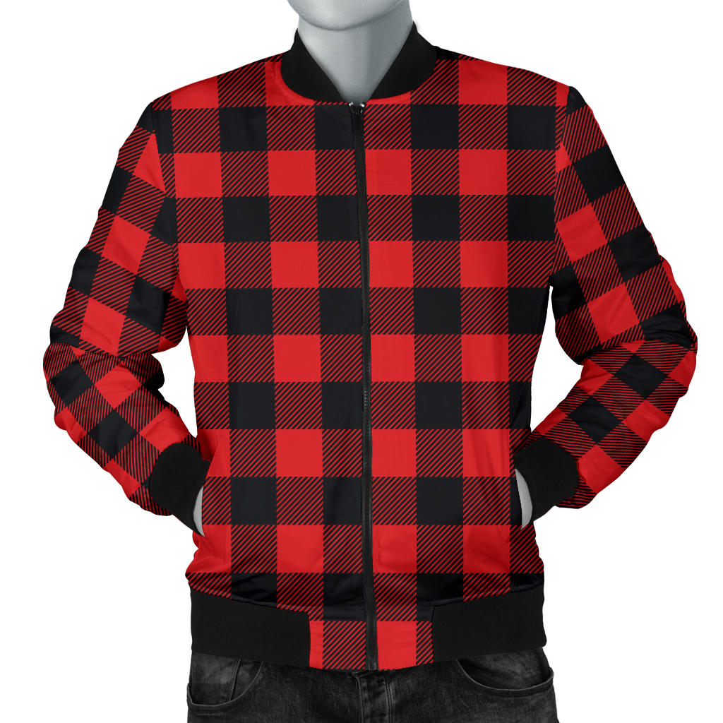 Red Black Buffalo Tartan Plaid Pattern Men Bomber Jacket
