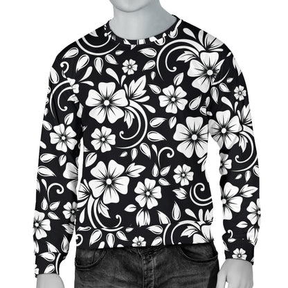 Floral Black White Themed Print Men Long Sleeve Sweatshirt