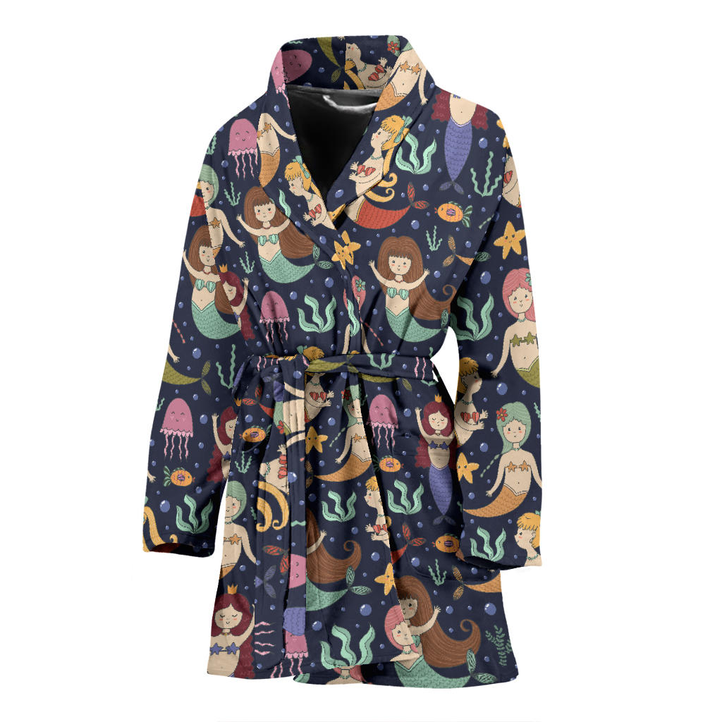 Mermaid Cartoon Pattern Print Design 03 Women Bathrobe