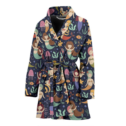 Mermaid Cartoon Pattern Print Design 03 Women Bathrobe