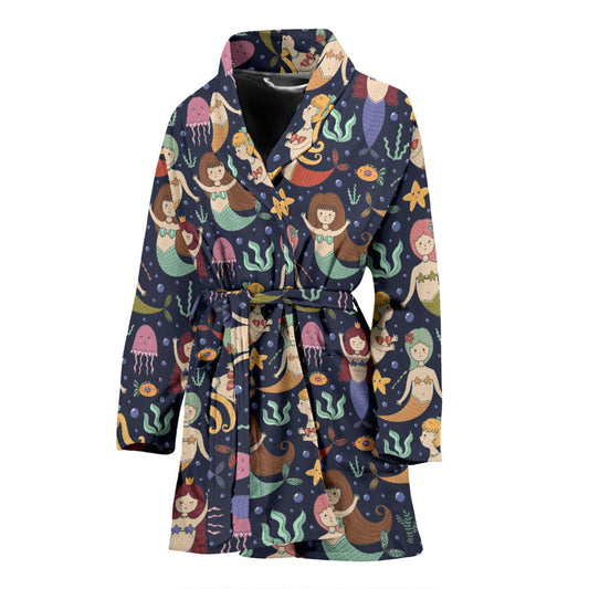 Mermaid Cartoon Pattern Print Design 03 Women Bathrobe