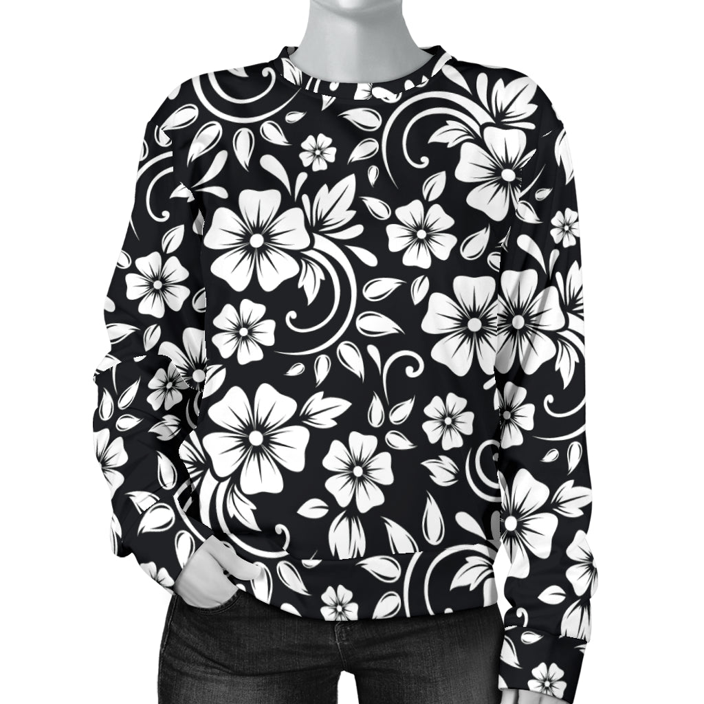 Floral Black White Themed Print Women Long Sleeve Sweatshirt
