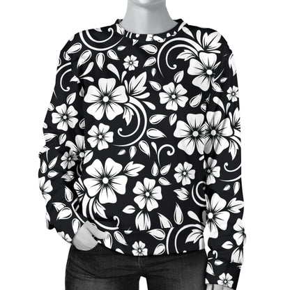 Floral Black White Themed Print Women Long Sleeve Sweatshirt