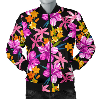 Tropical Folower Pink Hibiscus Print Men Bomber Jacket