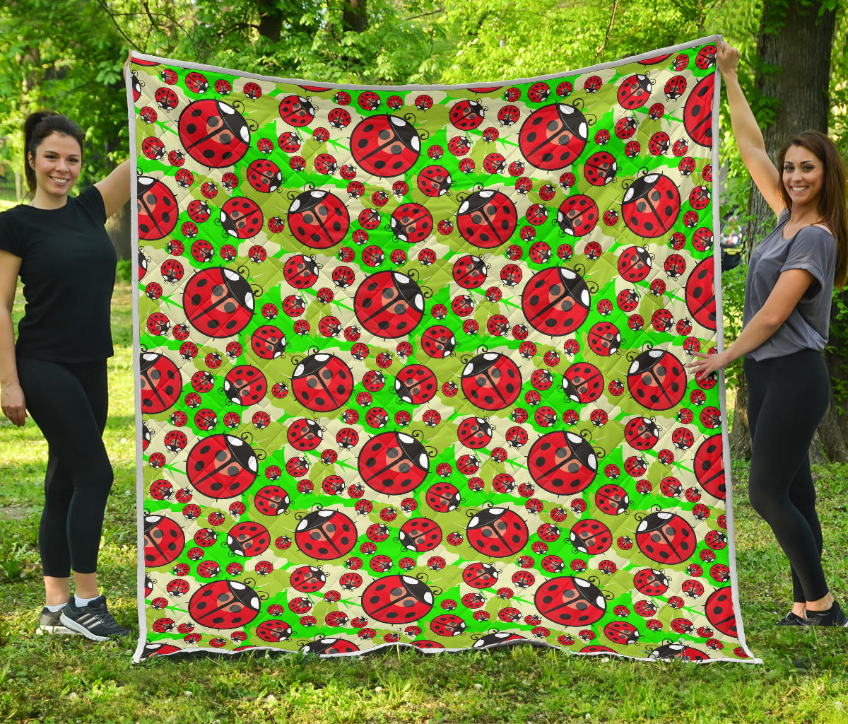 Ladybug with Leaf Print Pattern Quilt Bedspread