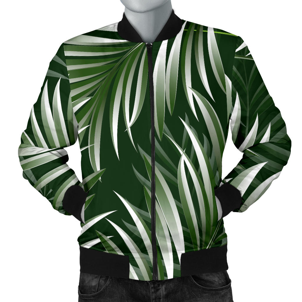 White Green Tropical Palm Leaves Men Bomber Jacket