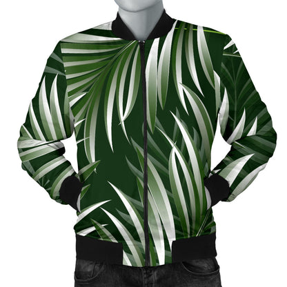 White Green Tropical Palm Leaves Men Bomber Jacket
