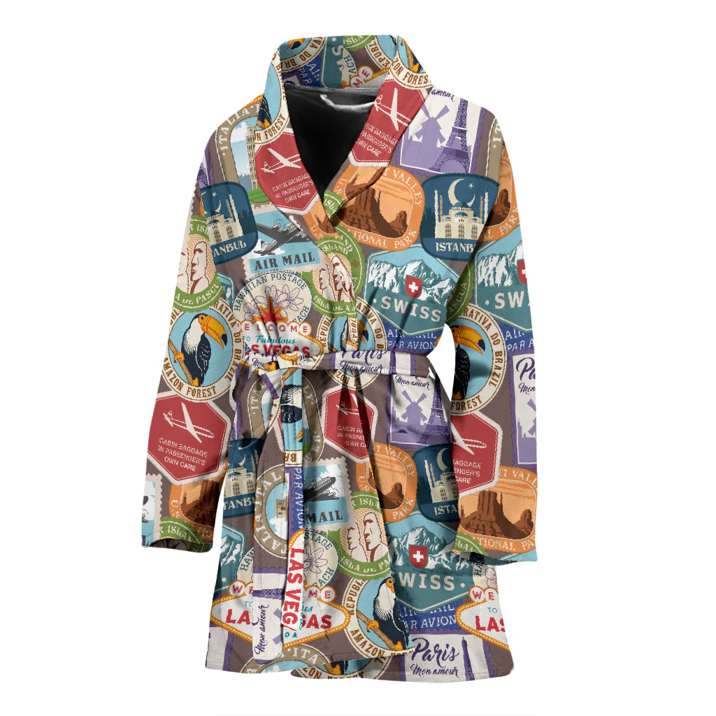 Travel Stamp Print Design LKS301 Women Bathrobe