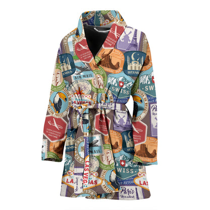 Travel Stamp Print Design LKS301 Women Bathrobe