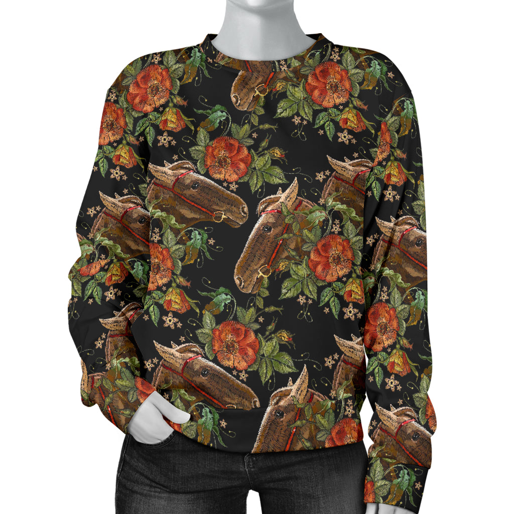 Horse Embroidery with Flower Design Women Long Sleeve Sweatshirt
