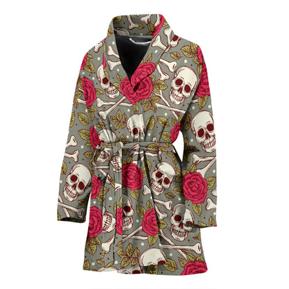 Skull Bone Rose Print Design LKS303 Women Bathrobe