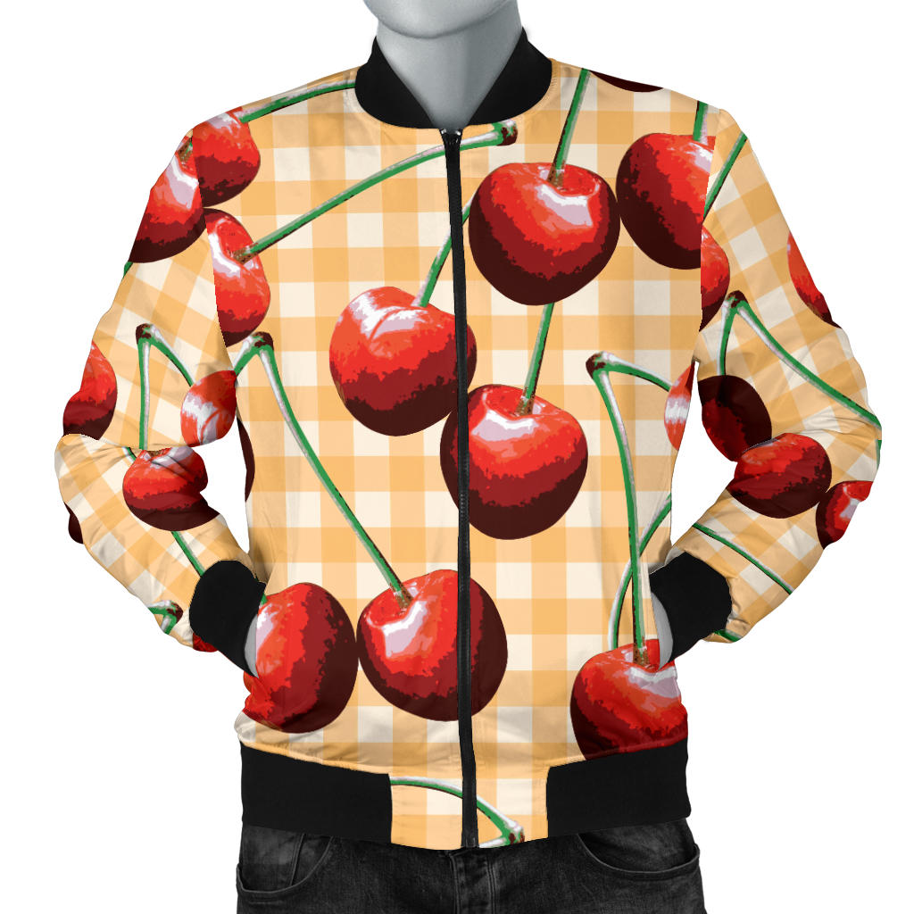 Cherry Orange Plaid Print Men Bomber Jacket