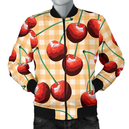 Cherry Orange Plaid Print Men Bomber Jacket