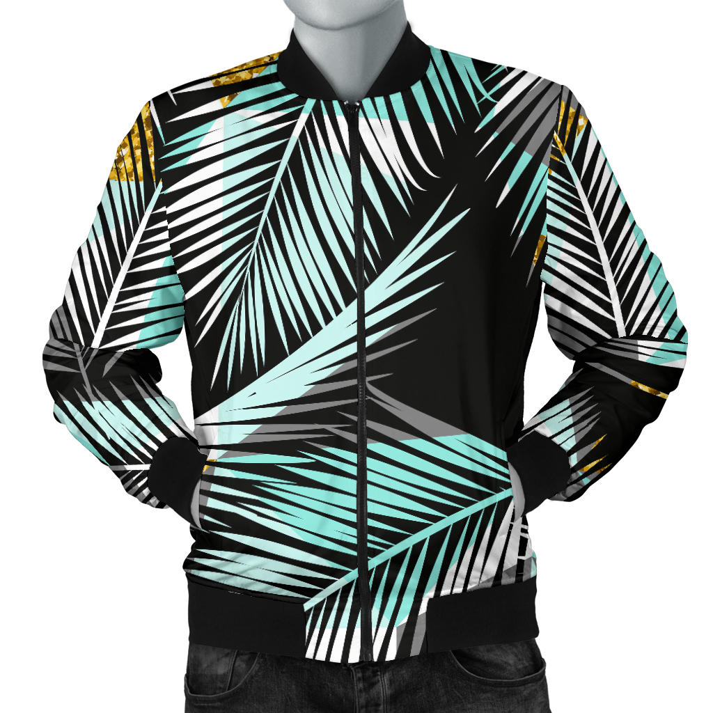 Gold Glitter Cyan Tropical Palm Leaves Men Bomber Jacket