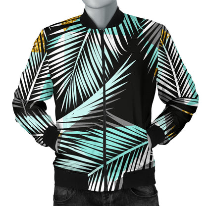 Gold Glitter Cyan Tropical Palm Leaves Men Bomber Jacket