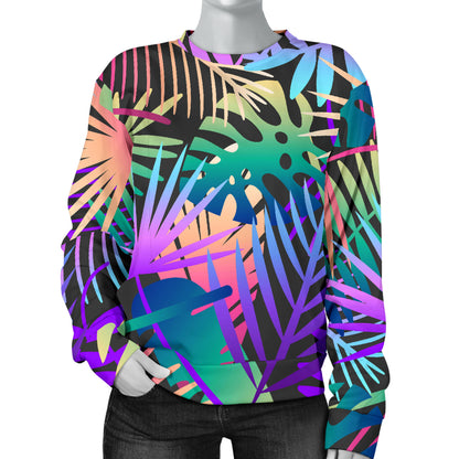 Neon Flower Tropical Palm Leaves Women Long Sleeve Sweatshirt