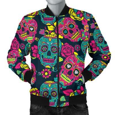 Sugar Skull Floral Design Themed Print Men Bomber Jacket