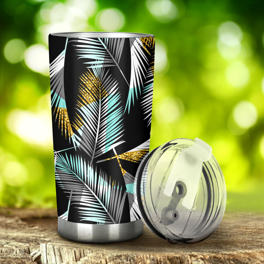 Gold Glitter Cyan Tropical Palm Leaves Tumbler