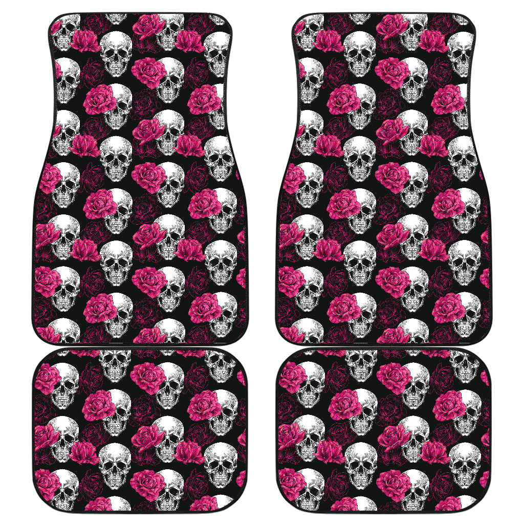 Pink Rose Skull Themed Print Car Floor Mats Front Back