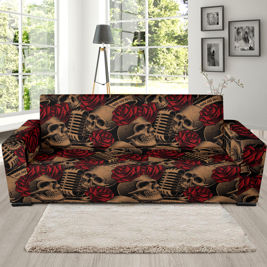 Microphone Skull Rose Pattern Print Design 02 Sofa Slipcover