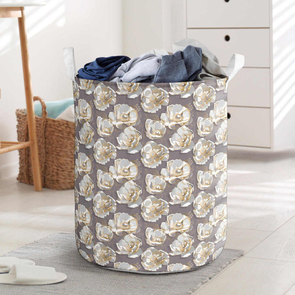 Elegant Grey Flower Print Laundry Basket