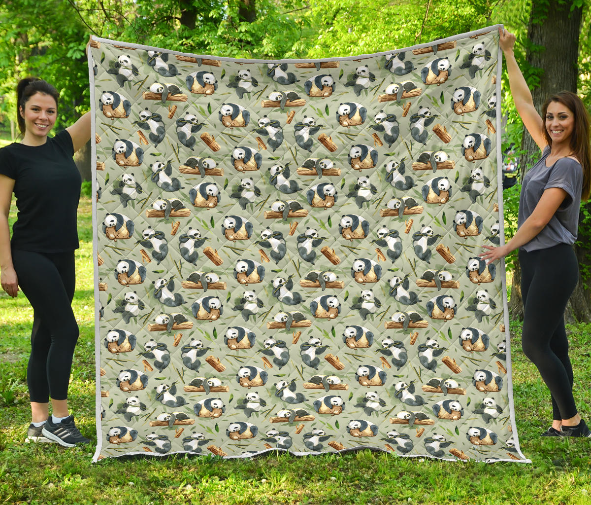 Panda Bear Design Bamboo Print Quilt Bedspread