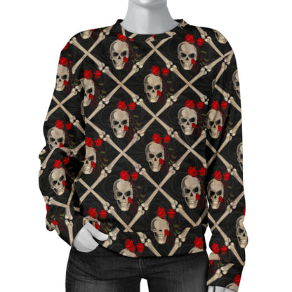 Skull Roses Bone Design Themed Print Women Long Sleeve Sweatshirt