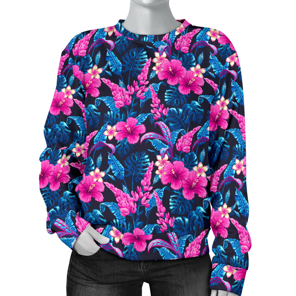 Tropical Folower Pink Themed Print Women Long Sleeve Sweatshirt