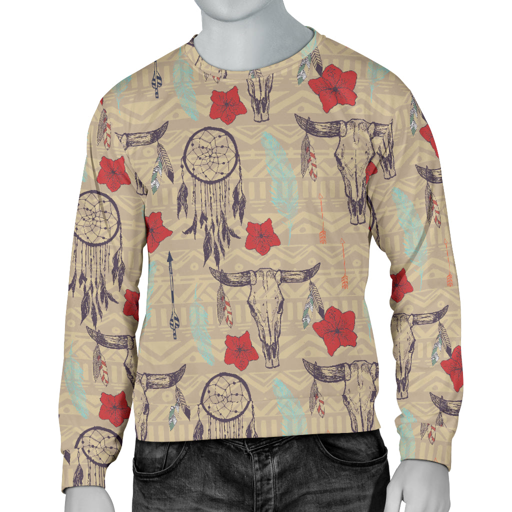 Native Buffalo Head Themed Design Print Men Long Sleeve Sweatshirt