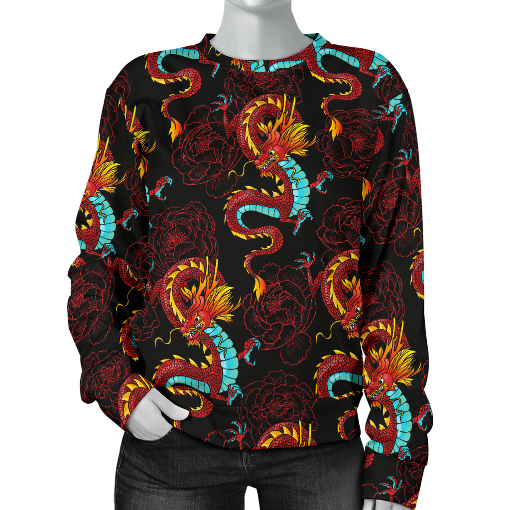 Chinese Dragons and Peonies Design Women Long Sleeve Sweatshirt