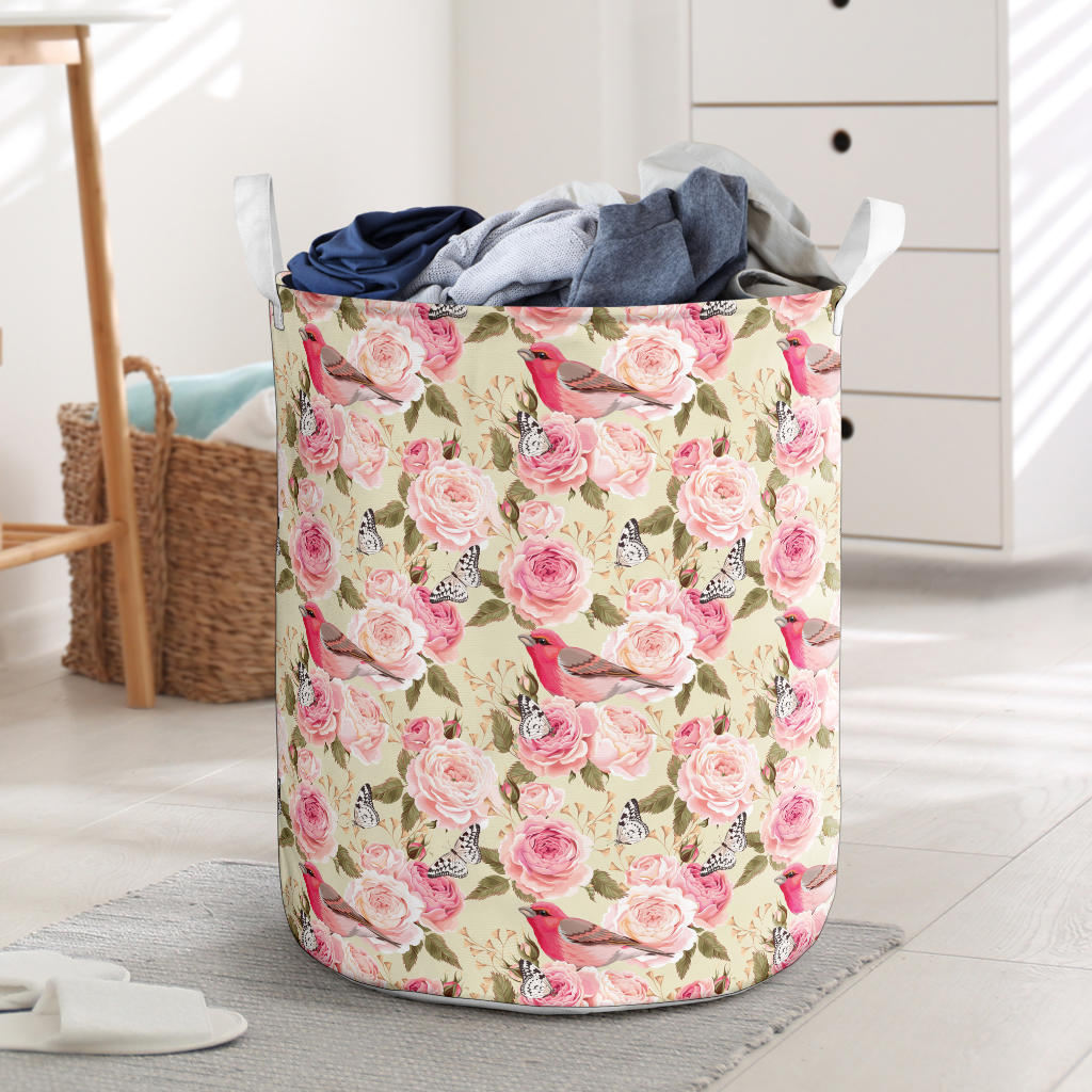 Bird Butterfly Pink Flower Print Pattern Laundry Basket