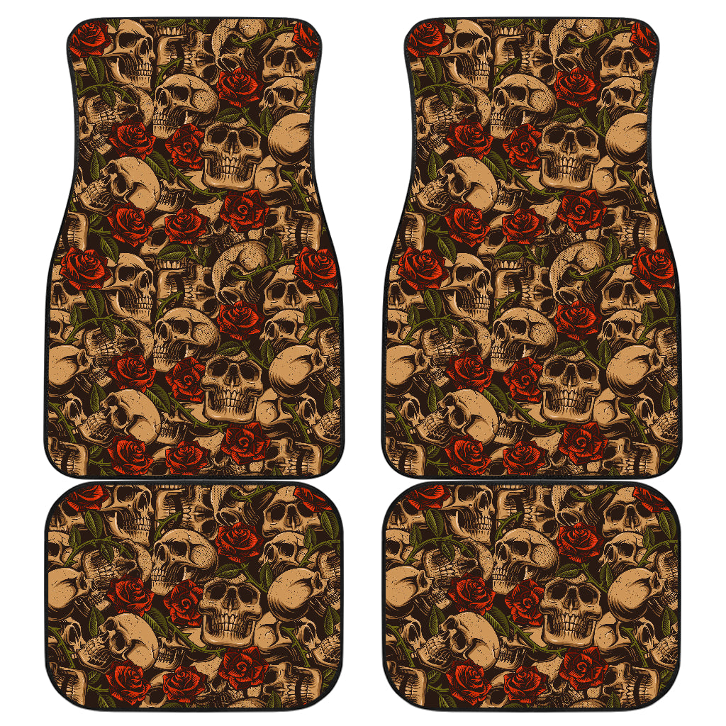 Skull Roses Vintage Design Themed Print Car Floor Mats Front Back
